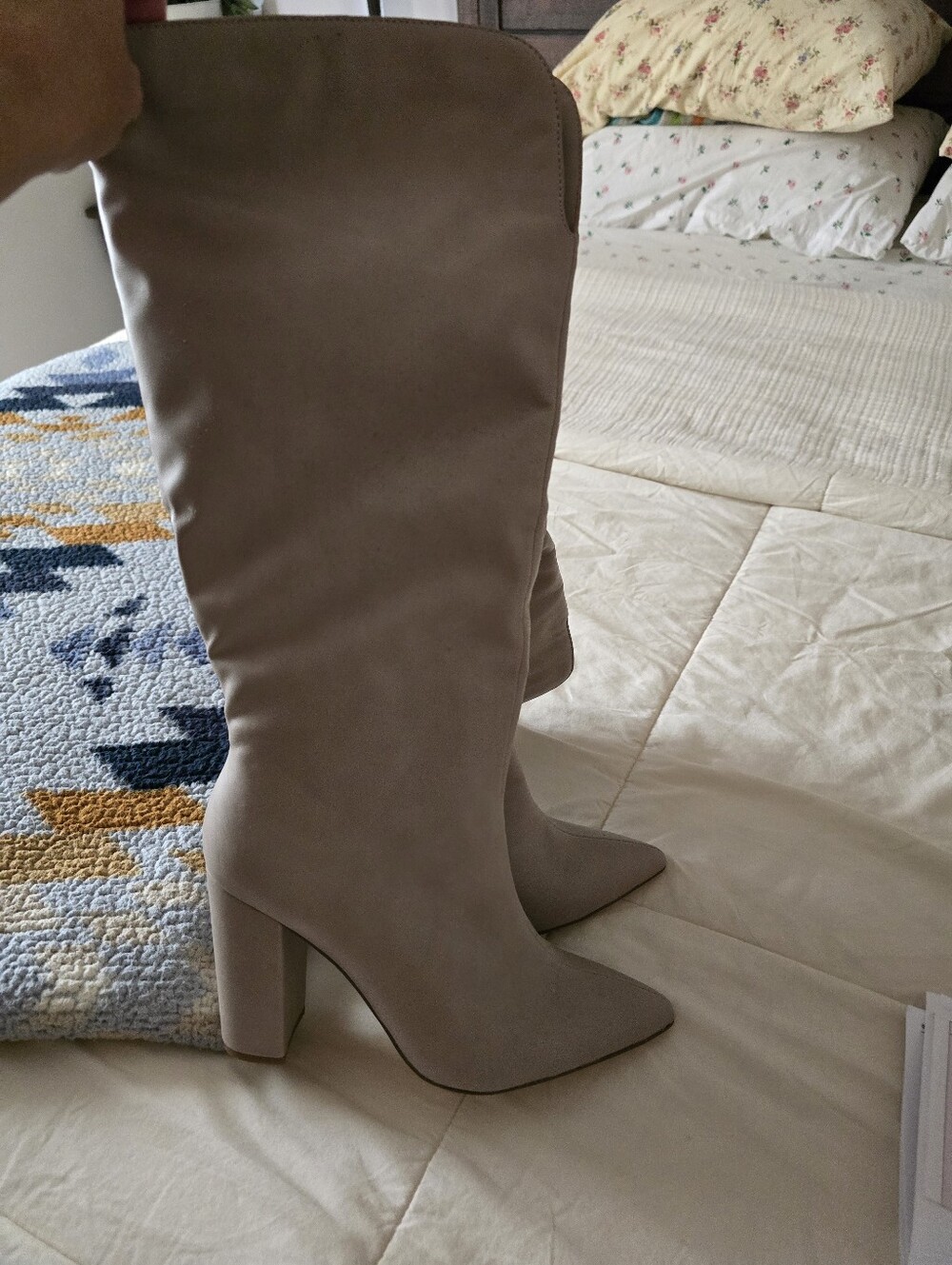 JustFab Women's Knee-High Pointed Toe Block Heel Boots in Taupe